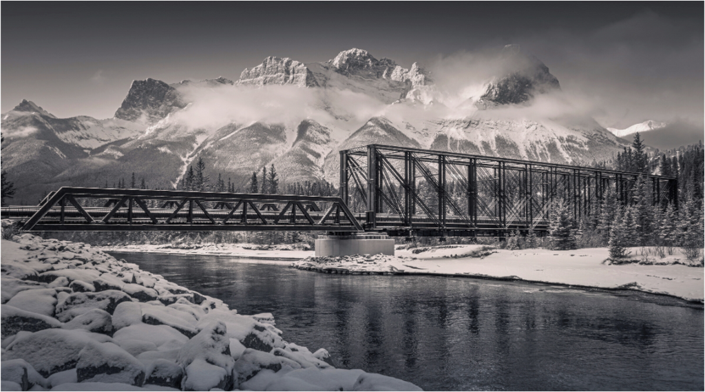 Main image Echoes of the Bow | Canmore Engine Bridge Black and White Art.