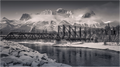 Main image Echoes of the Bow | Canmore Engine Bridge Black and White Art.