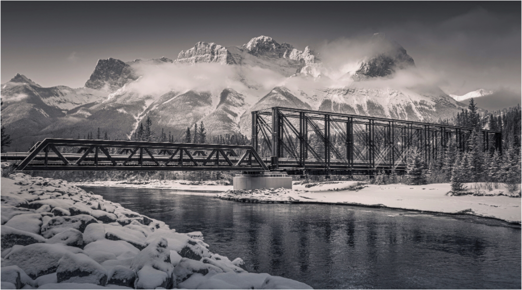 Main image Echoes of the Bow | Canmore Engine Bridge Black and White Art.