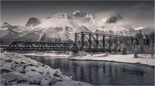 Main image Echoes of the Bow | Canmore Engine Bridge Black and White Art.