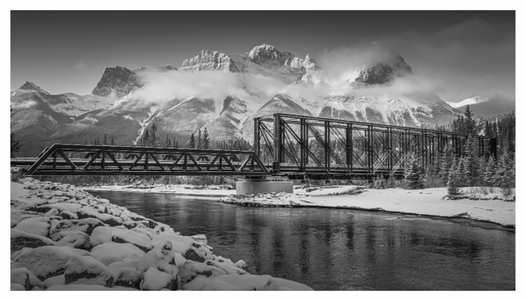 Main image Echoes of the Bow | Canmore Engine Bridge Black and White Art.