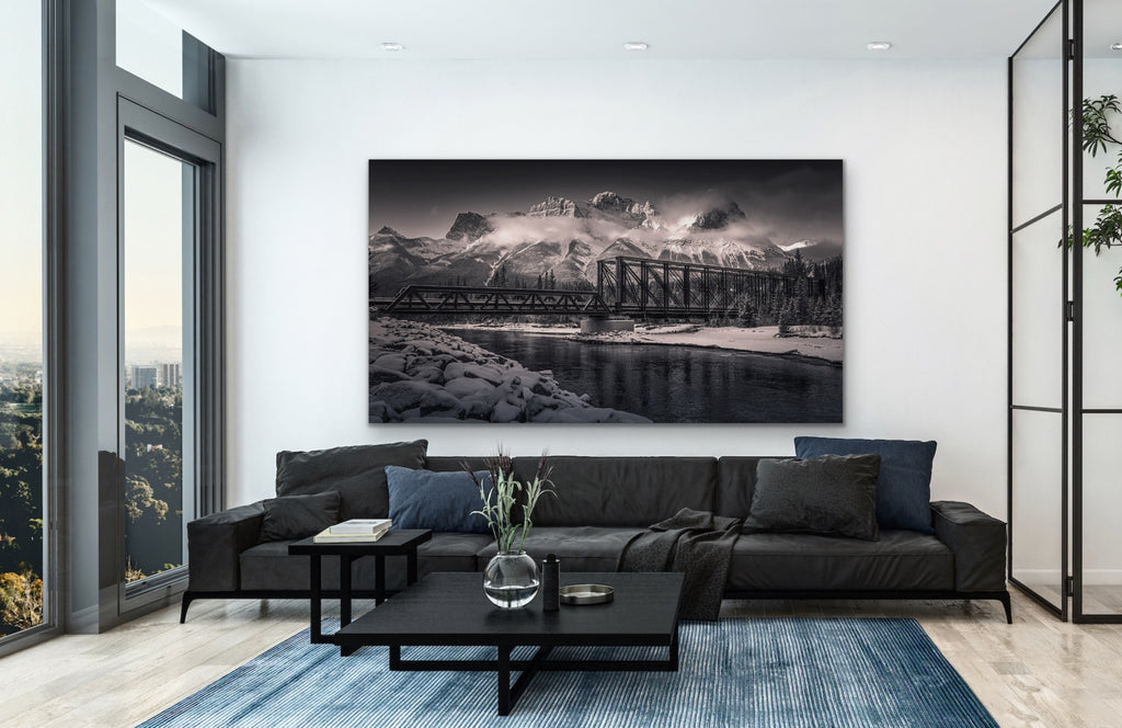 Echoes of the Bow | Canmore Engine Bridge Black and White Art.