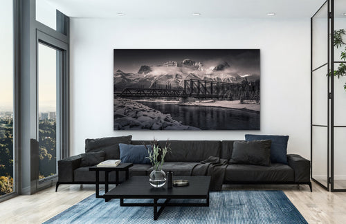 Echoes of the Bow | Canmore Engine Bridge Black and White Art.