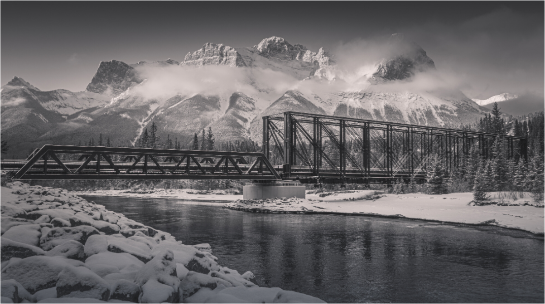 Main image Echoes of the Bow | Canmore Engine Bridge Black and White Art.