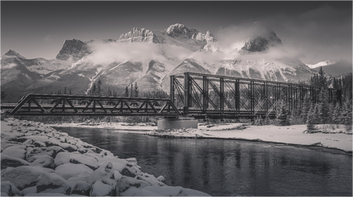Main image Echoes of the Bow | Canmore Engine Bridge Black and White Art.